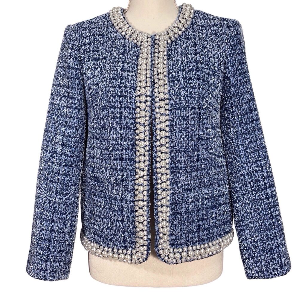NWT Kate Spade Tweed Blazer Womens 4 Gabrielle French Navy Jacket Faux Pearls